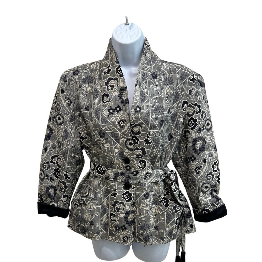 Vtg 80’s Asian-inspired Blazer  Homemade Blk/Wht Tapestry Satin Womens M/L